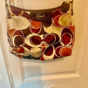 Coach Signature Pattern Shoulder Bag in Red and Brown